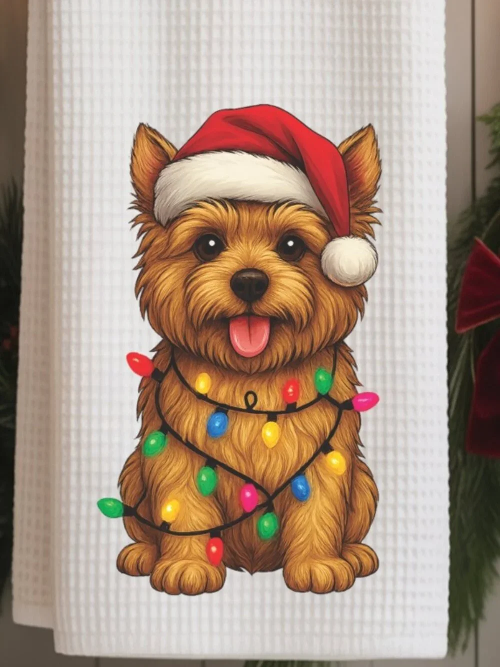 Norwich Terrier Christmas Lights Decorative Kitchen Tea Towel